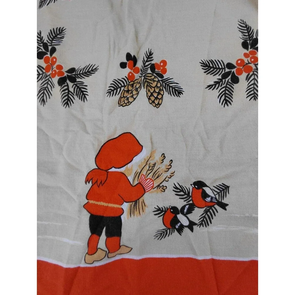 Swedish Christmas Tablecloth 100% Cotton Elves Pinecones Birds Winter 37” x 34.5